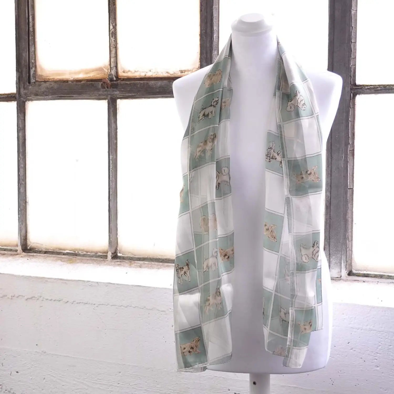 Luxurious Soft Satin Dog Printed Unisex Event Scarf - White man wearing green plaid snood