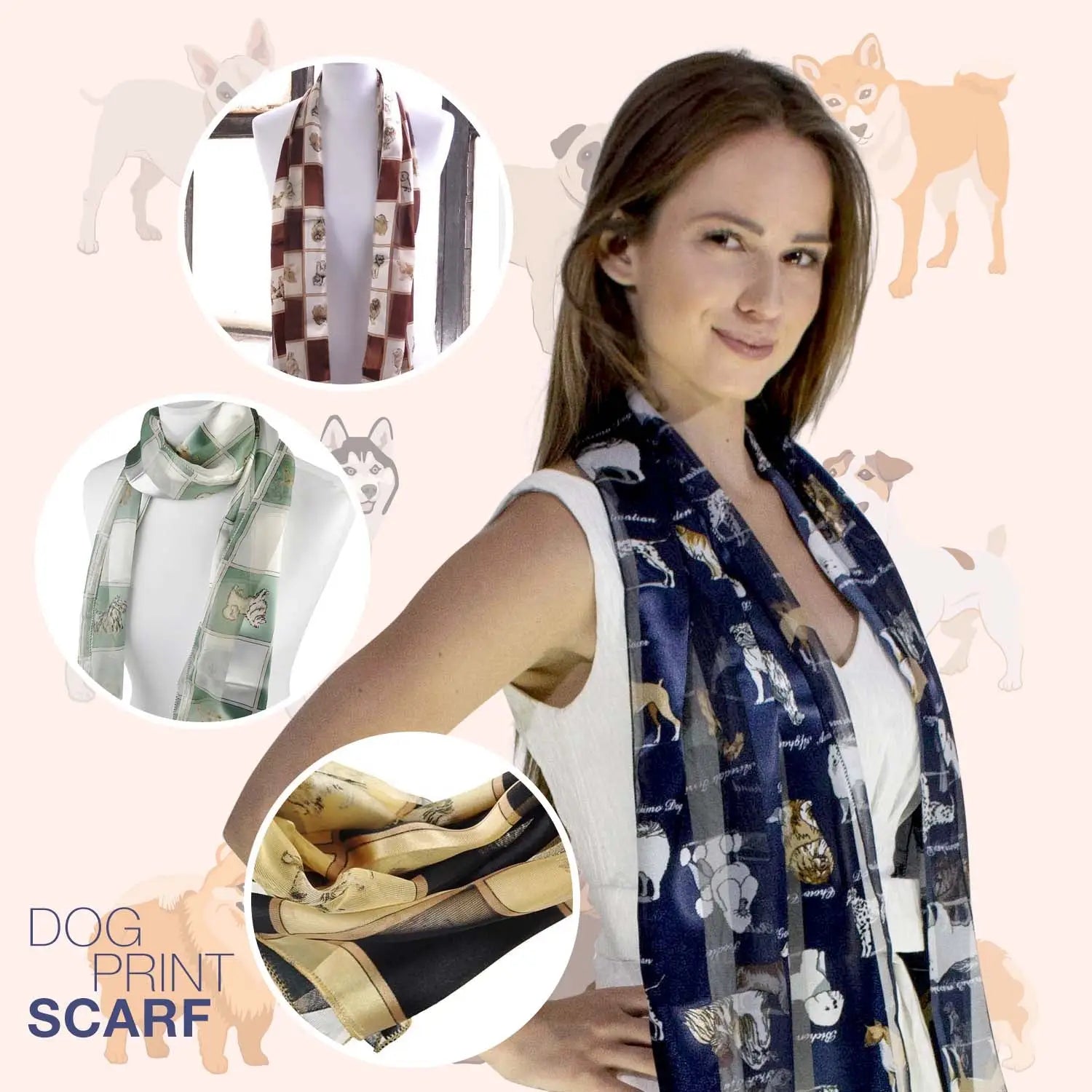 Luxurious Soft Satin Dog Printed Unisex Event Scarf featuring woman with purse and scarf
