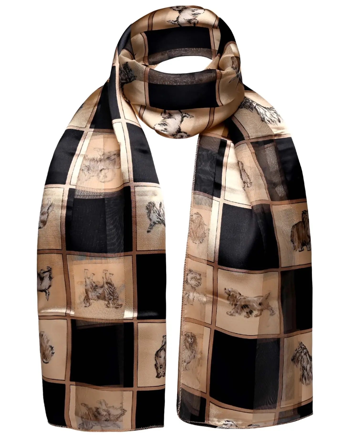 Luxurious Soft Satin Black and Beige Patterned Dog Print Scarf
