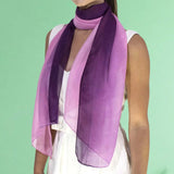 Woman wearing two-tone chiffon scarf in purple, Luxurious Two-Tone Chiffon Scarf Lightweight Scarves for Ombre.