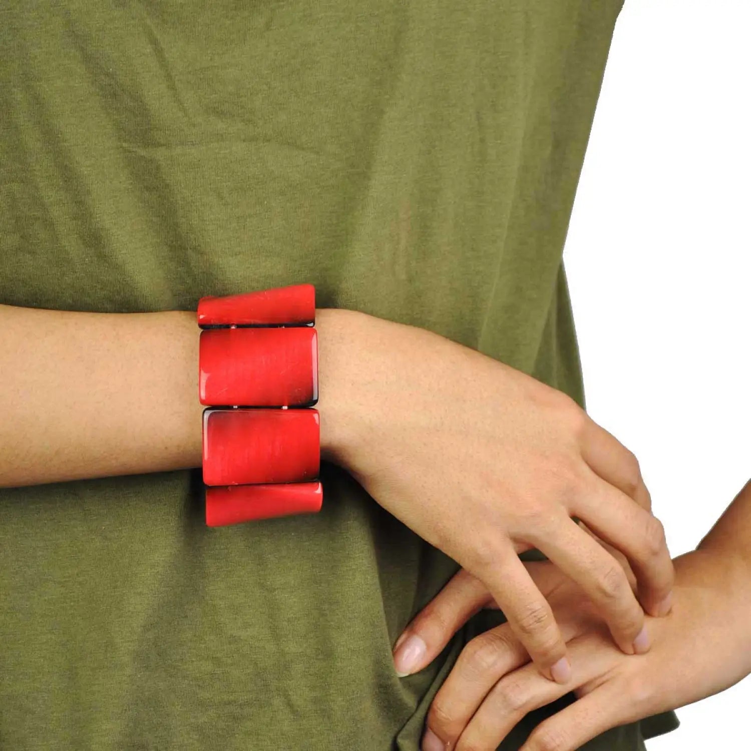 Woman wearing red leather bracelet from Marbled Chunky Beads Bracelet - Stretchy Handmade Design