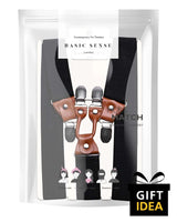 Mens black leather braces with brown bow tie.