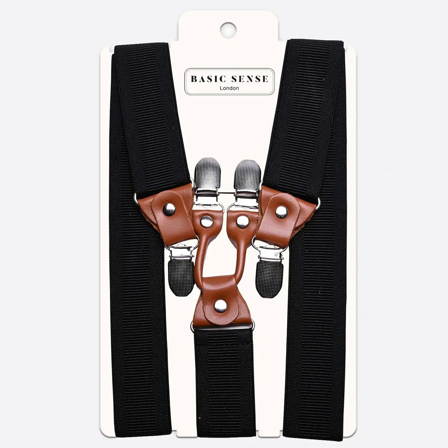 Close-up of mens 35mm Y-shape wide leather braces with gun suspender