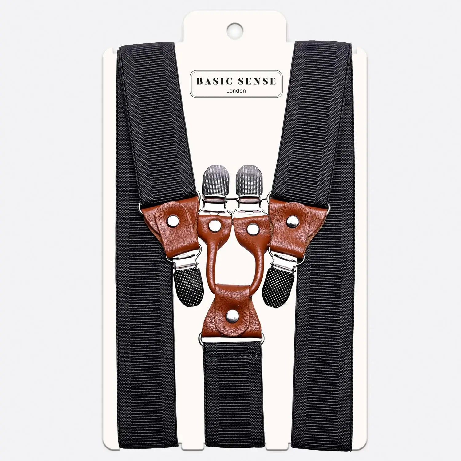 Brown leather Y-shape wide suspenders with belt for men.