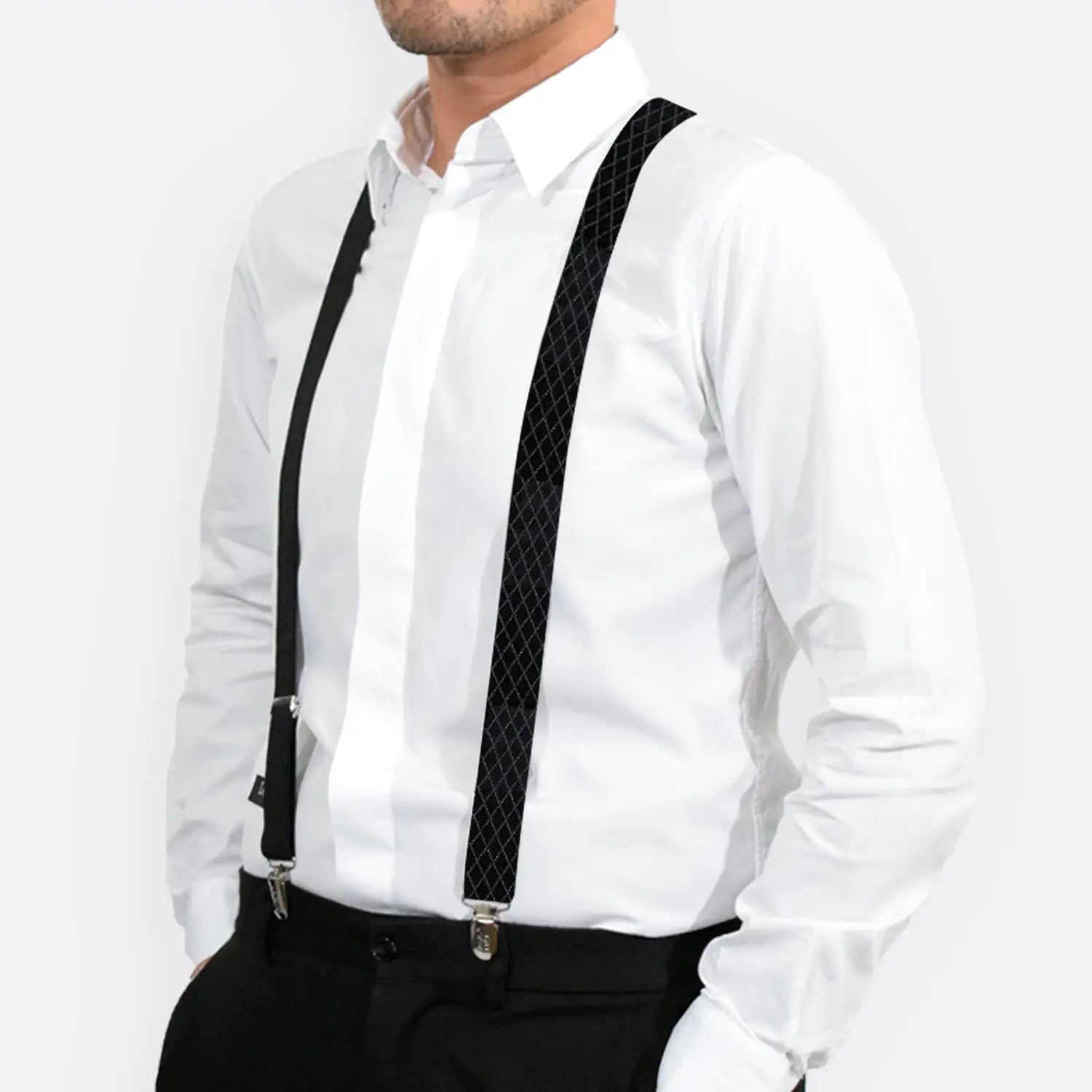 Men’s 35mm Y-Shape Wide Leather Braces with Stylish Patterns - White Shirt Black Suspenders