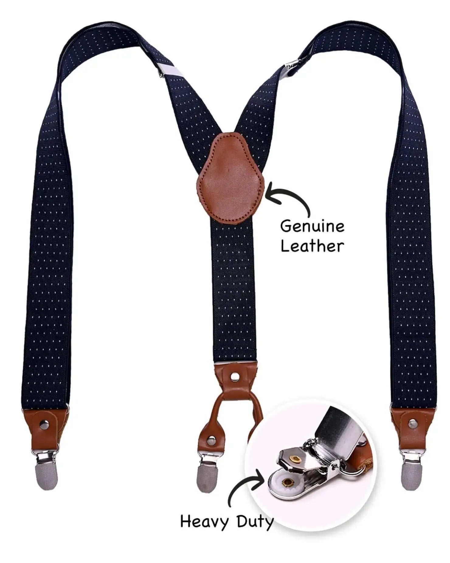 Men’s 35mm Y-Shape Wide Leather Braces with Stylish Patterns - detailed leather clip close up.
