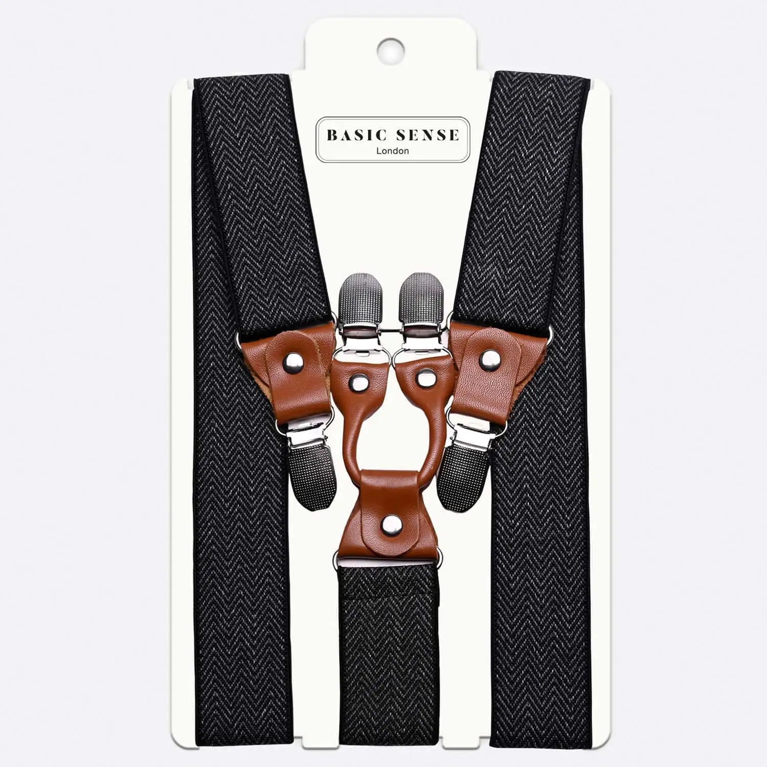 Men’s 35mm Y-Shape Wide Leather Braces with Stylish Patterns - Black Herringbone Suspenders