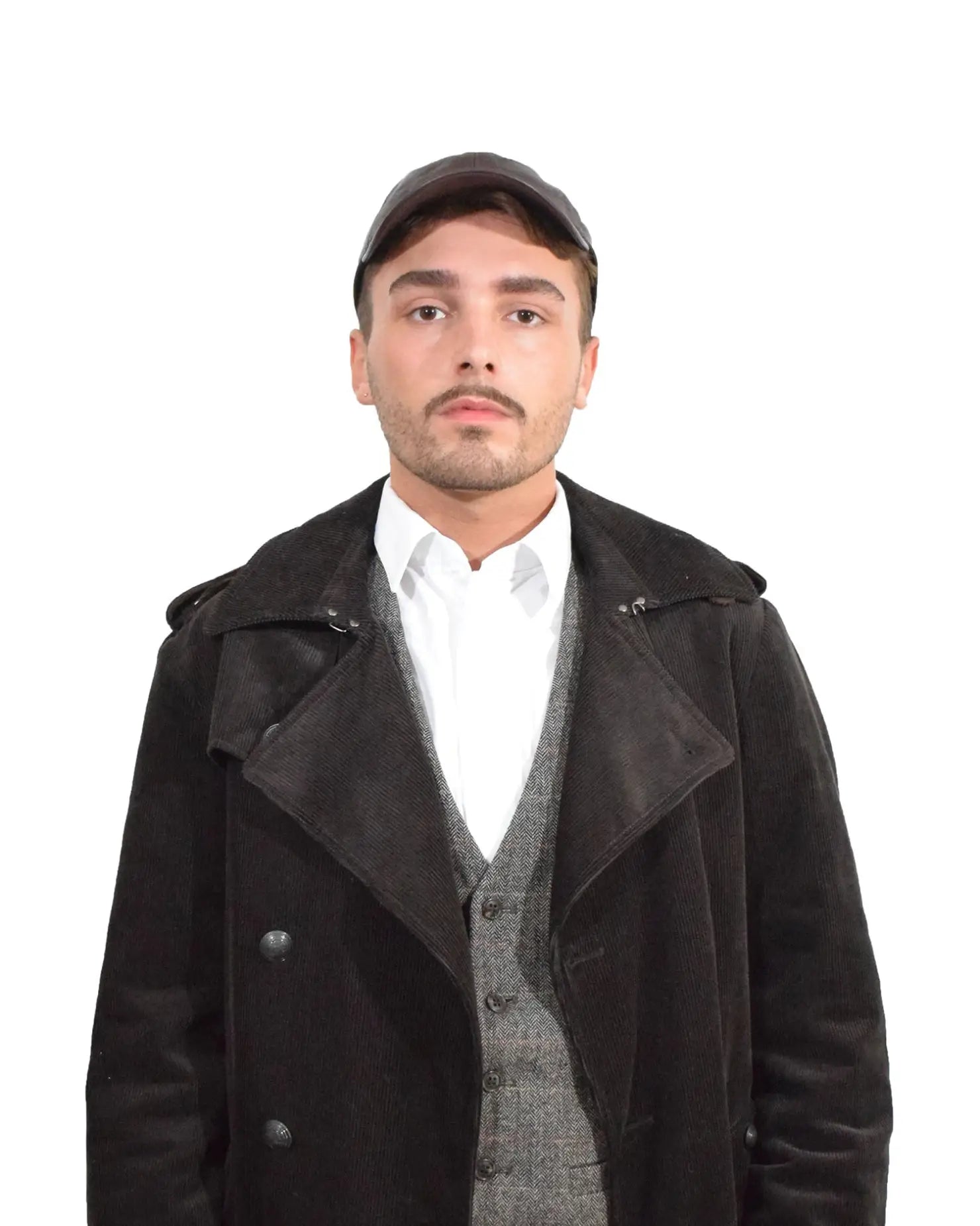 Men’s Authentic Lambskin Leather Baseball Cap - Large Size: Man in Black Coat and Hat