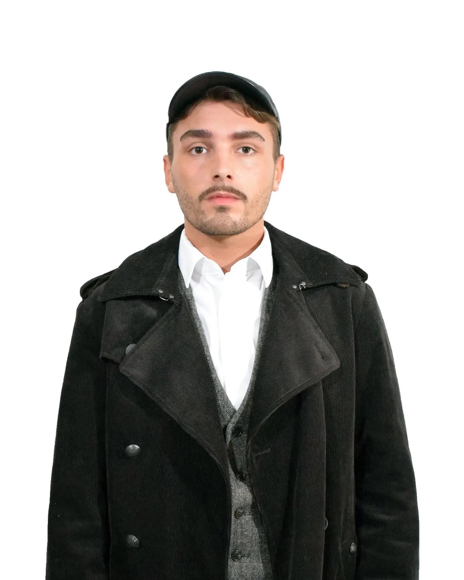 Man in black coat and hat wearing Men’s Authentic Lambskin Leather Baseball Cap.