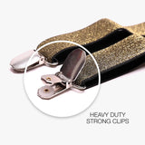 Men’s metallic heavy duty clip braces featuring gold and black strap attached to watch.