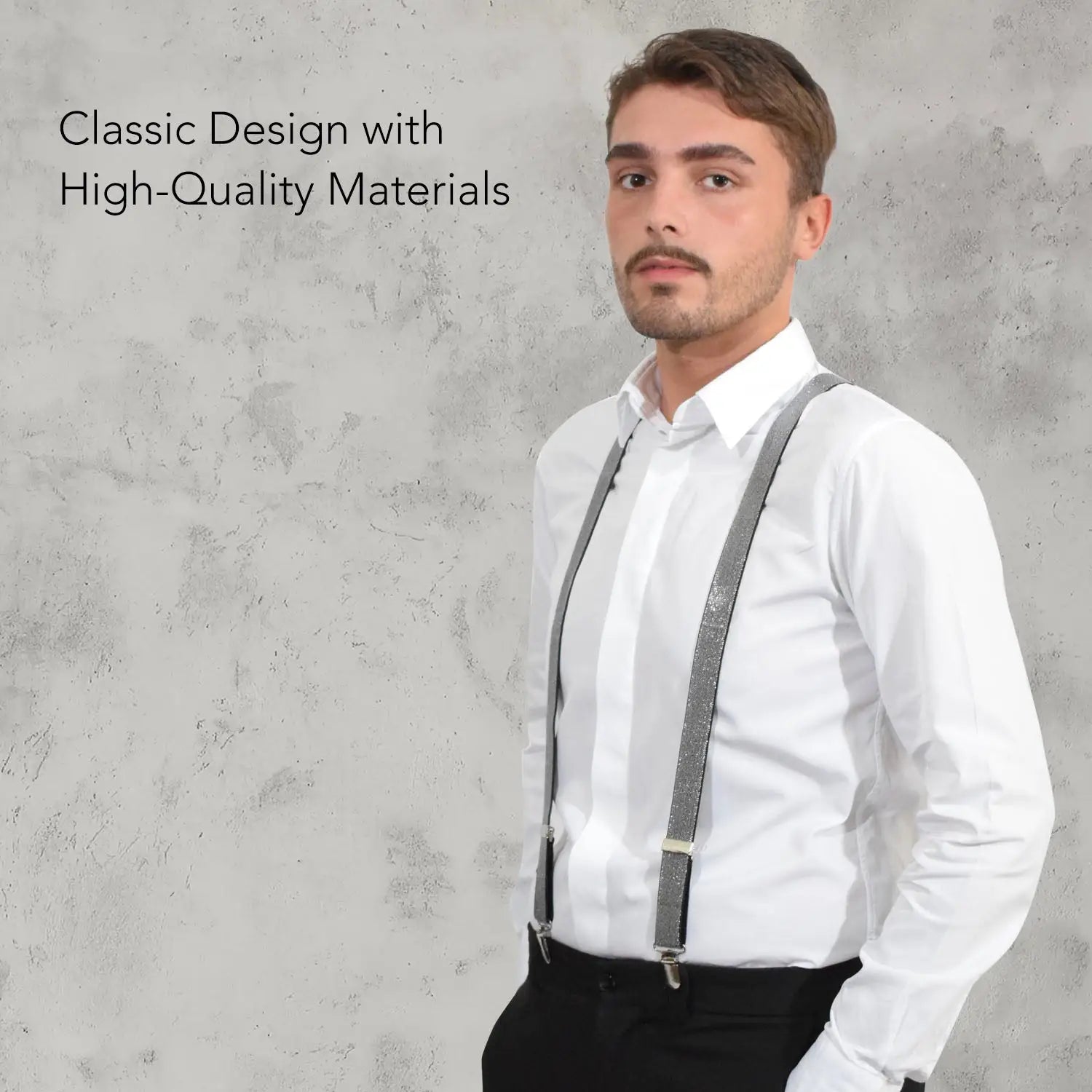 Men’s Metallic 2.5cm Heavy Duty Clip Braces model wearing white shirt and black pants