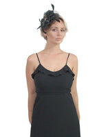 Woman wearing black dress and hat with Mesh Flower & Feather Fascinator Hair Accessory Comb.