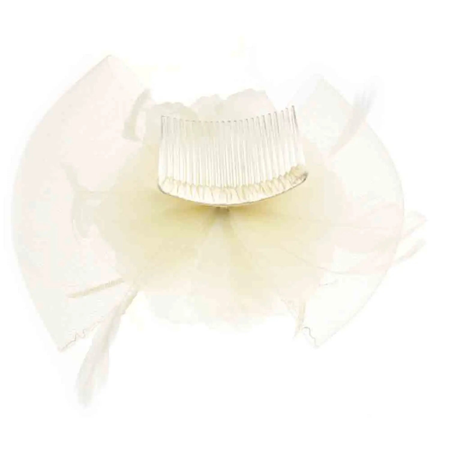 White mesh flower and feather fascinator hair accessory comb on white background.