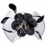Black mesh flower and feather fascinator hair accessory comb