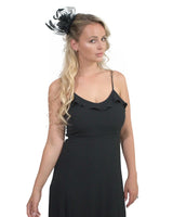 Woman in black dress and hat wearing Mesh Flower & Feather Fascinator Hair Accessory Comb.