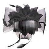 Mesh flower and feather fascinator hair accessory comb with black flower and feathers