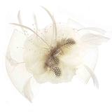 White mesh flower and feather fascinator hair accessory comb