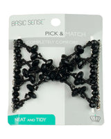 Black beaded bracelet in plastic packaging beside Metal Magic Hair Combs - Beaded Double-Sided Twin Set