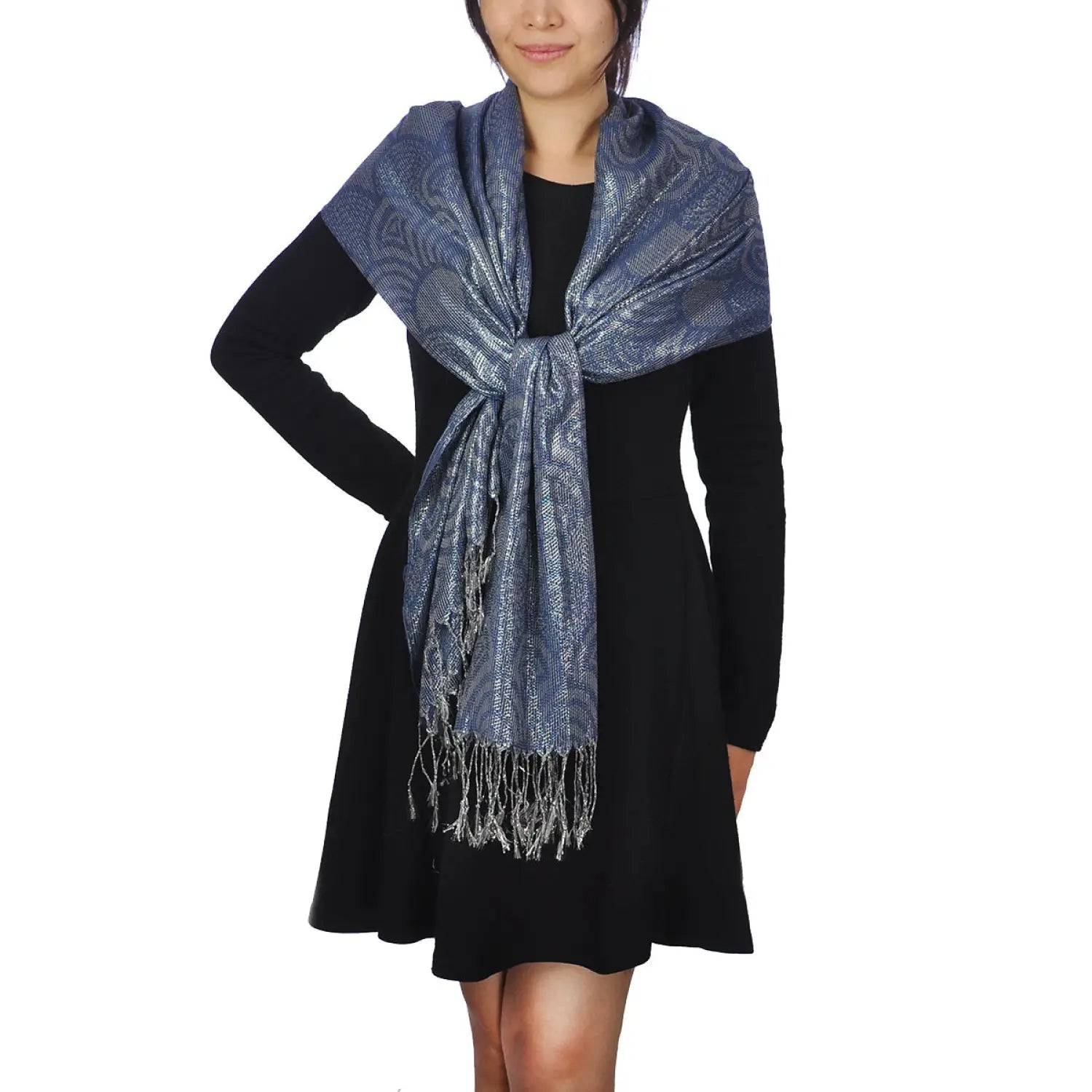 Woman wearing blue scarf from Metallic Aztec Print Oversized Tasselled Scarf