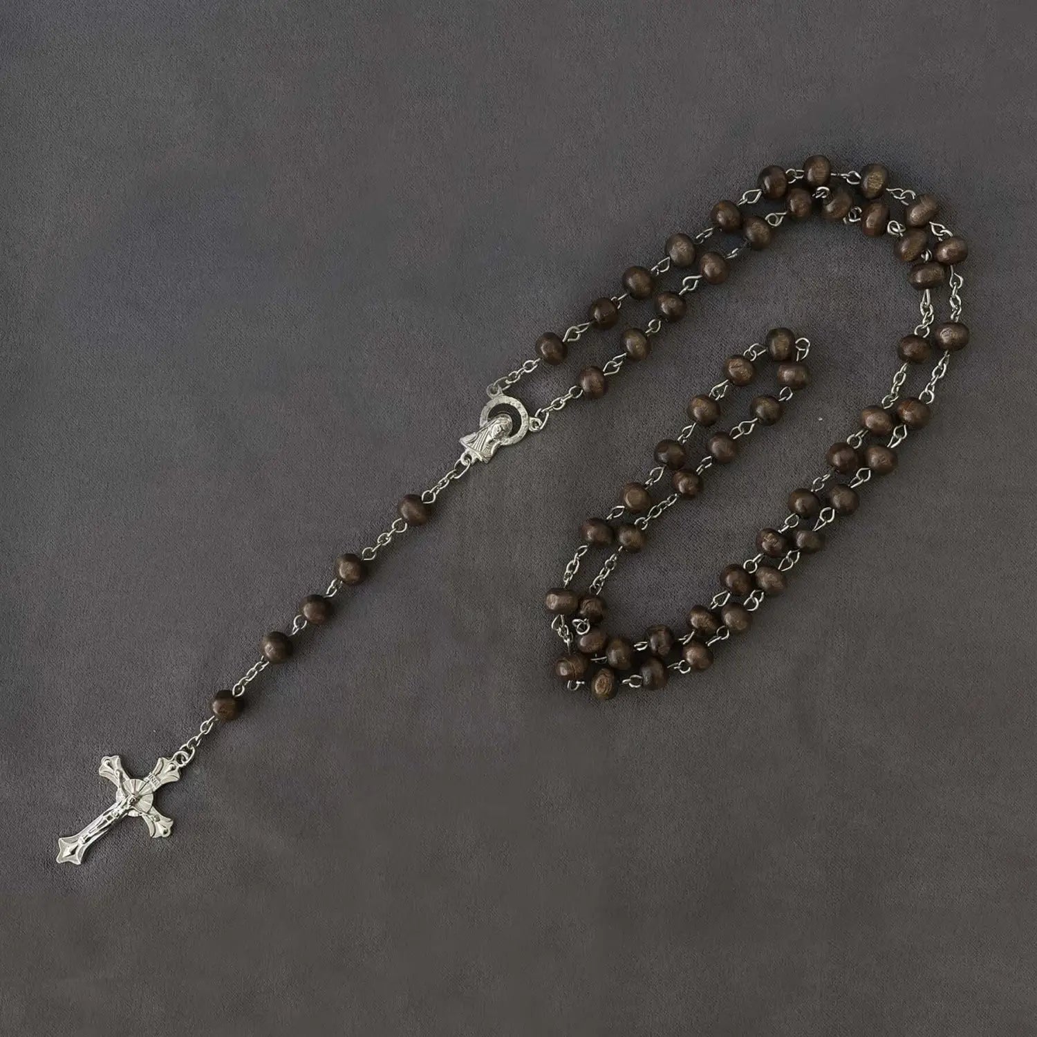 Metallic rosary beads necklace with cross and saints pendant