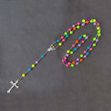 Metallic rosary beads necklace with Jesus crucifix & saints pendant.