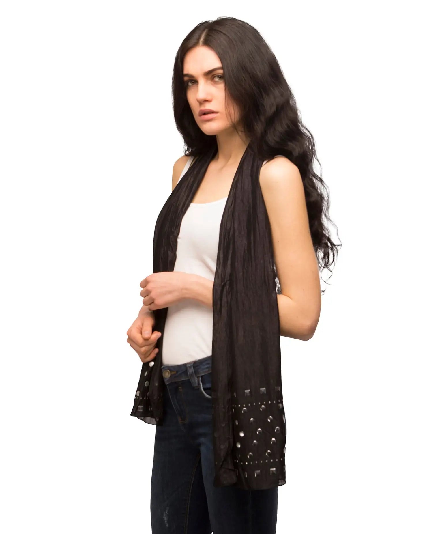 Woman in white tank top and black vest modeling Metallic Studded Shimmering Lightweight Scarf.