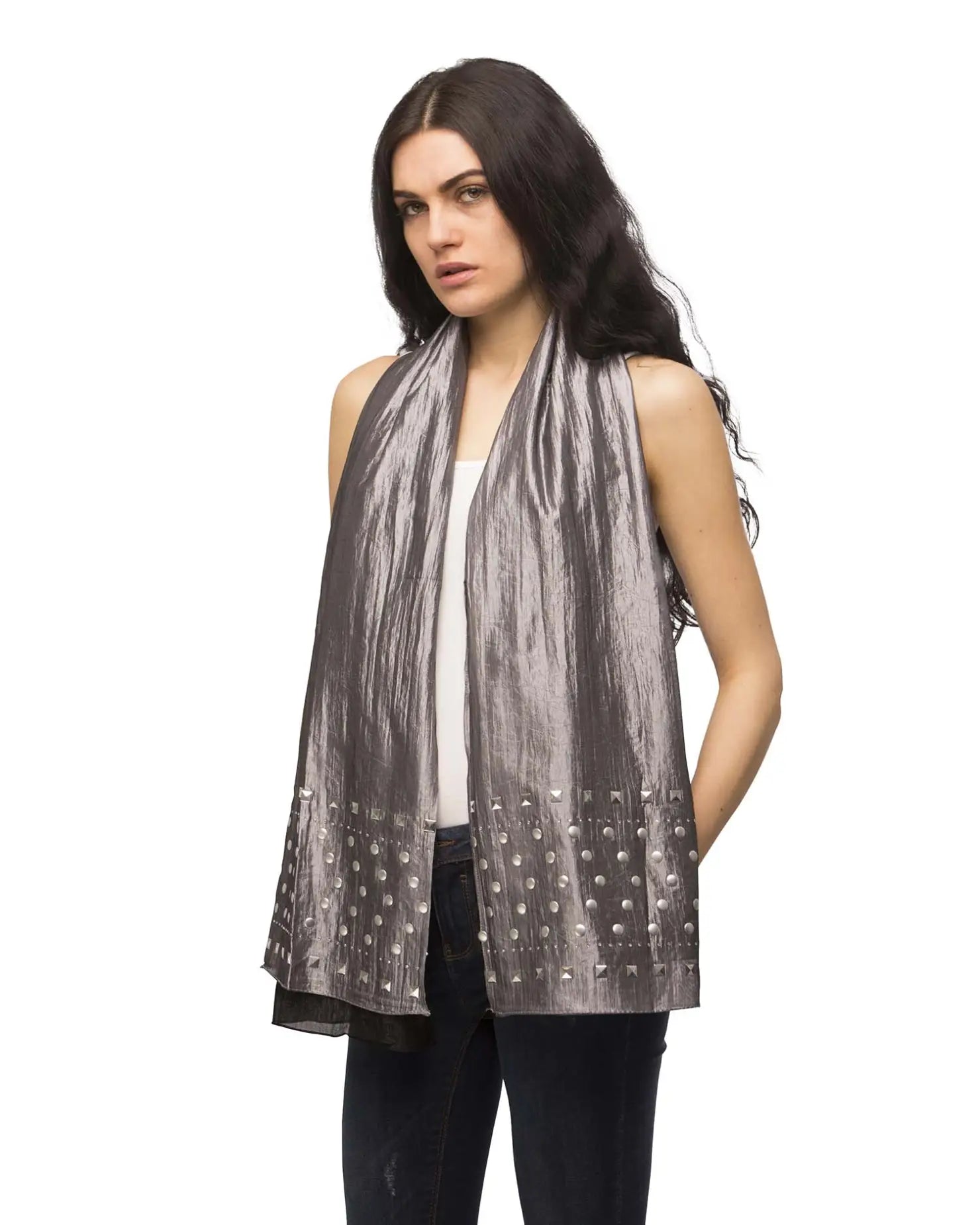 Woman wearing metallic studded silver vest with white top, featured in Metallic Studded Shimmering Lightweight Scarf.