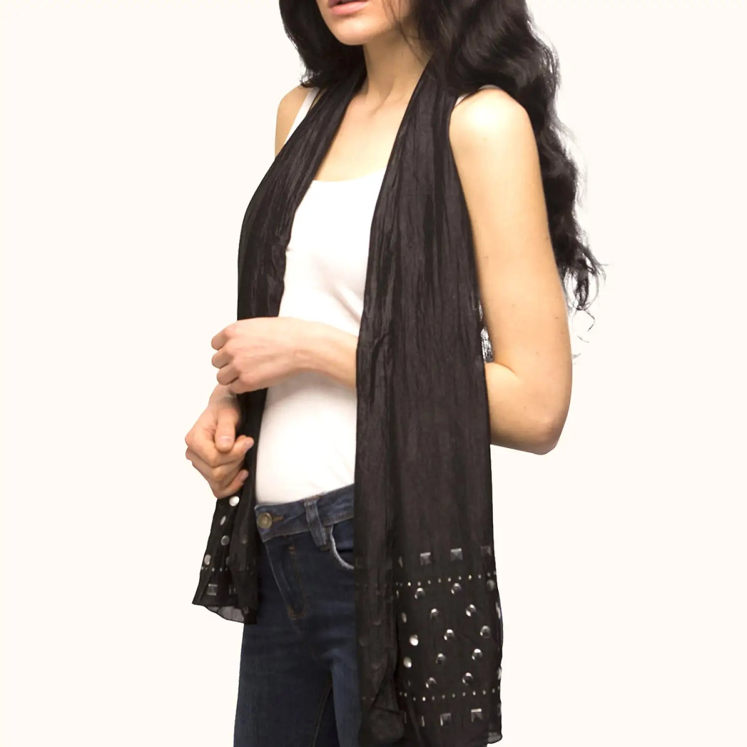 Metallic studded lightweight scarf on woman