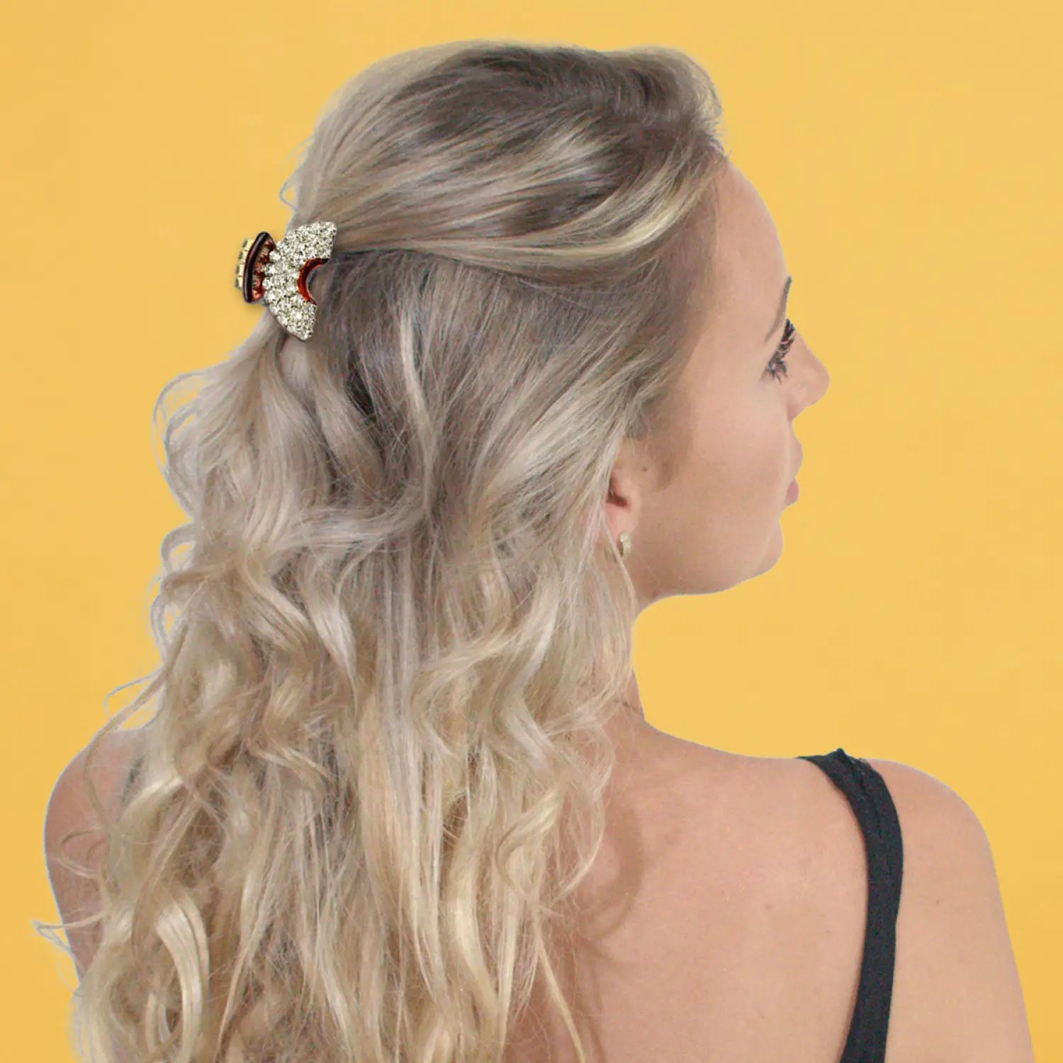 Blonde woman wearing Mini Crystal Arch Hair Claw - Diamante Embellished Accessory