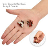 Red and gold crystal arch hair claw accessory with hand holding earrings