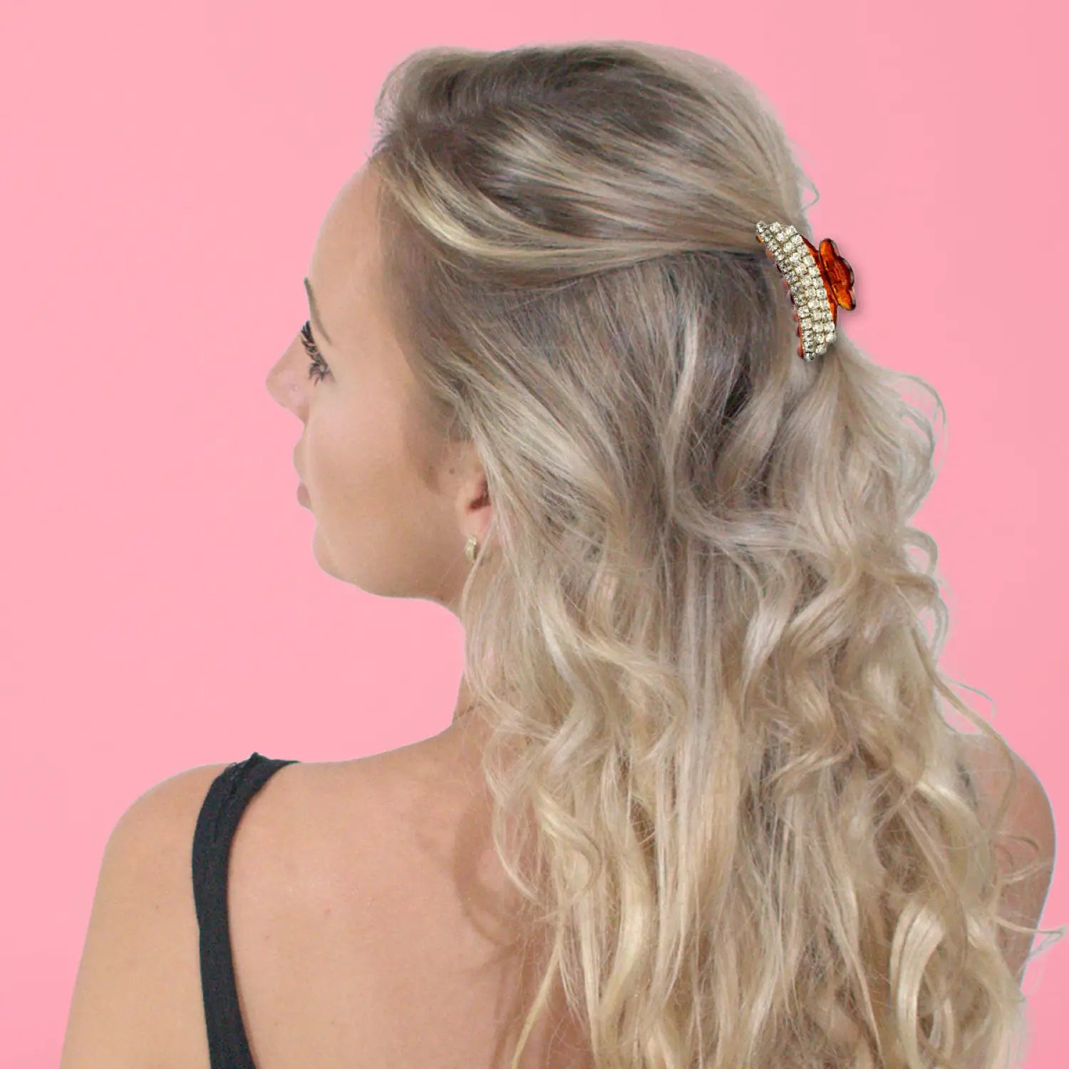 Blonde woman wearing red butterfly hair clip in Half Moon Hair Claw - 2pcs
