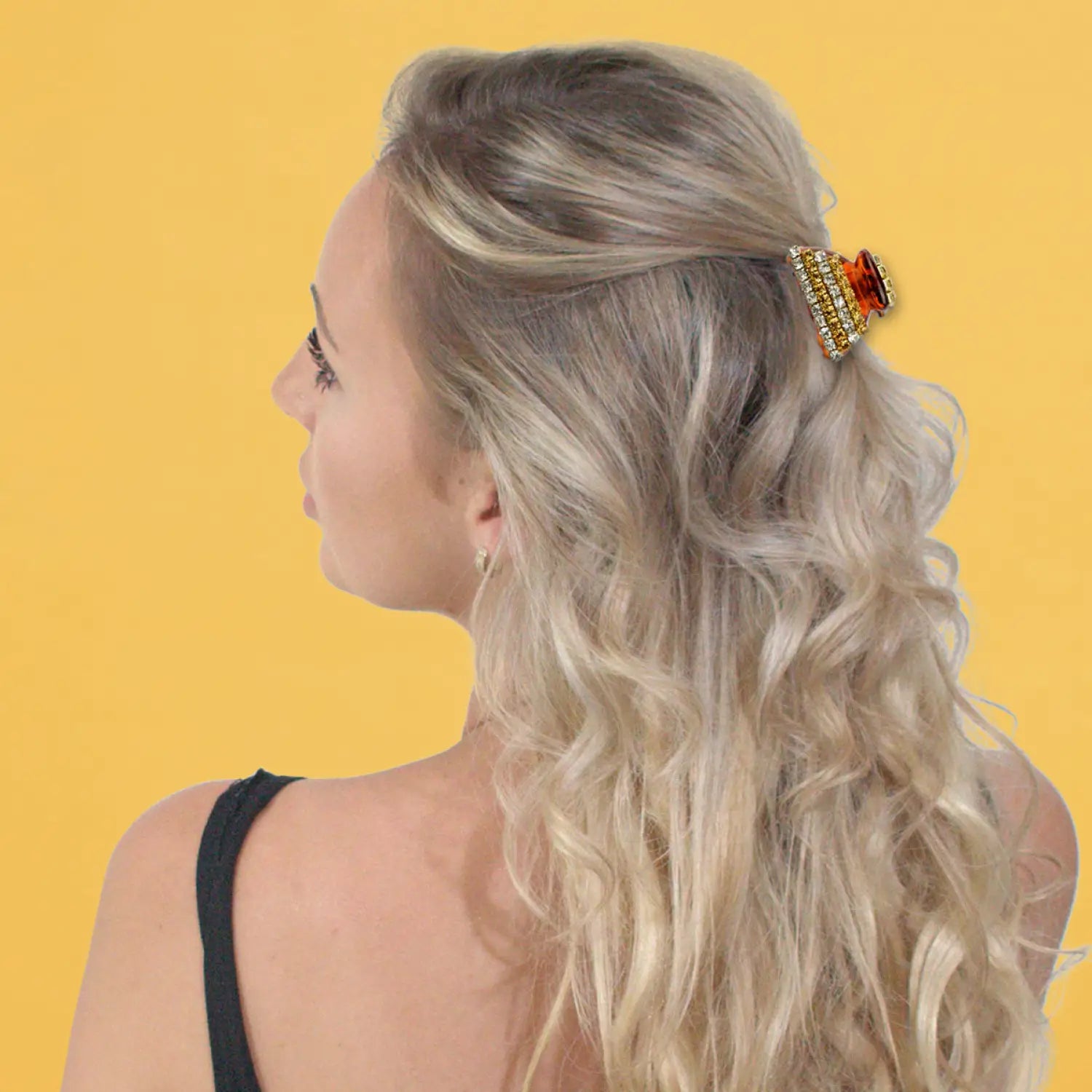 Blonde woman wearing Mini Crystal Half Moon Hair Claw in butterfly clip Design