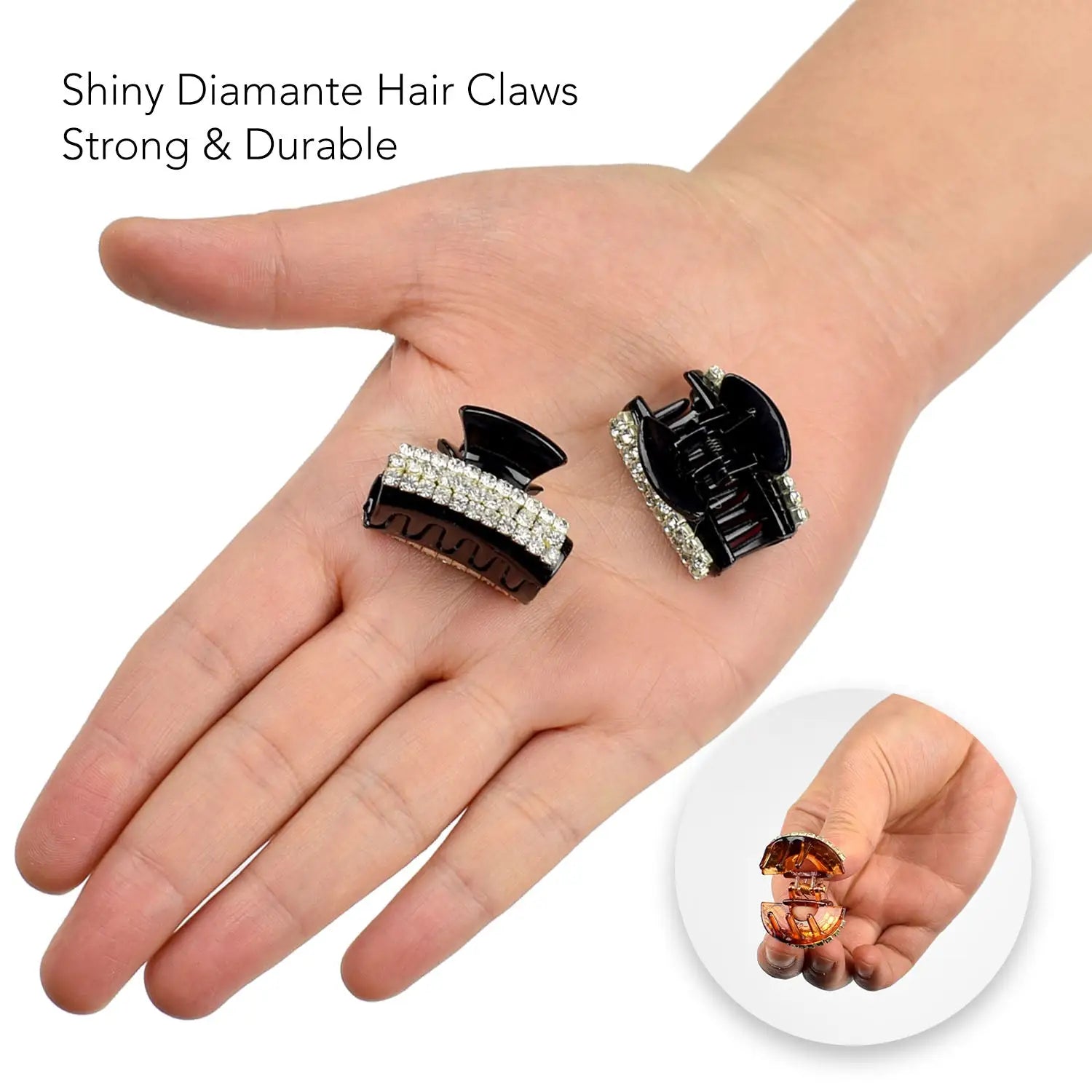 Mini Crystal Long Rectangle Hair Claw - Diamante Embellished Accessory, 2pcs - hand holding ring with hair claw