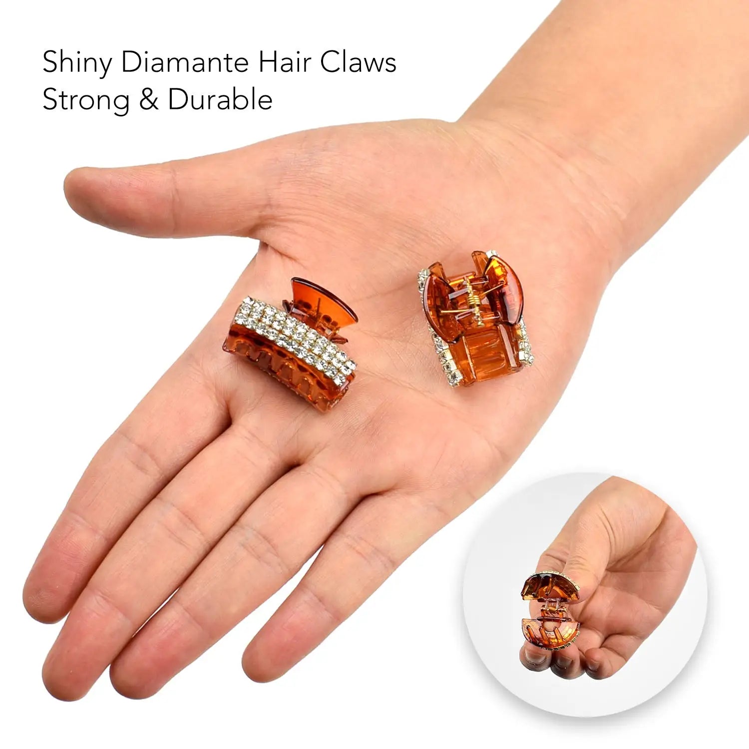 Two rectangle hair claw rings held in hand, Diamante Embellished Accessory