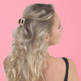 Blonde woman in black top wearing gold hair clip, Mini Diamante Crystal Cut-Out Hair Claw 2pcs