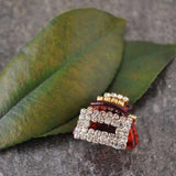 Red and white diamond ring hair claw on leaf.