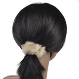 Mini Soft Faux Fur Scrunchie: Woman with Black Hair and White Flower