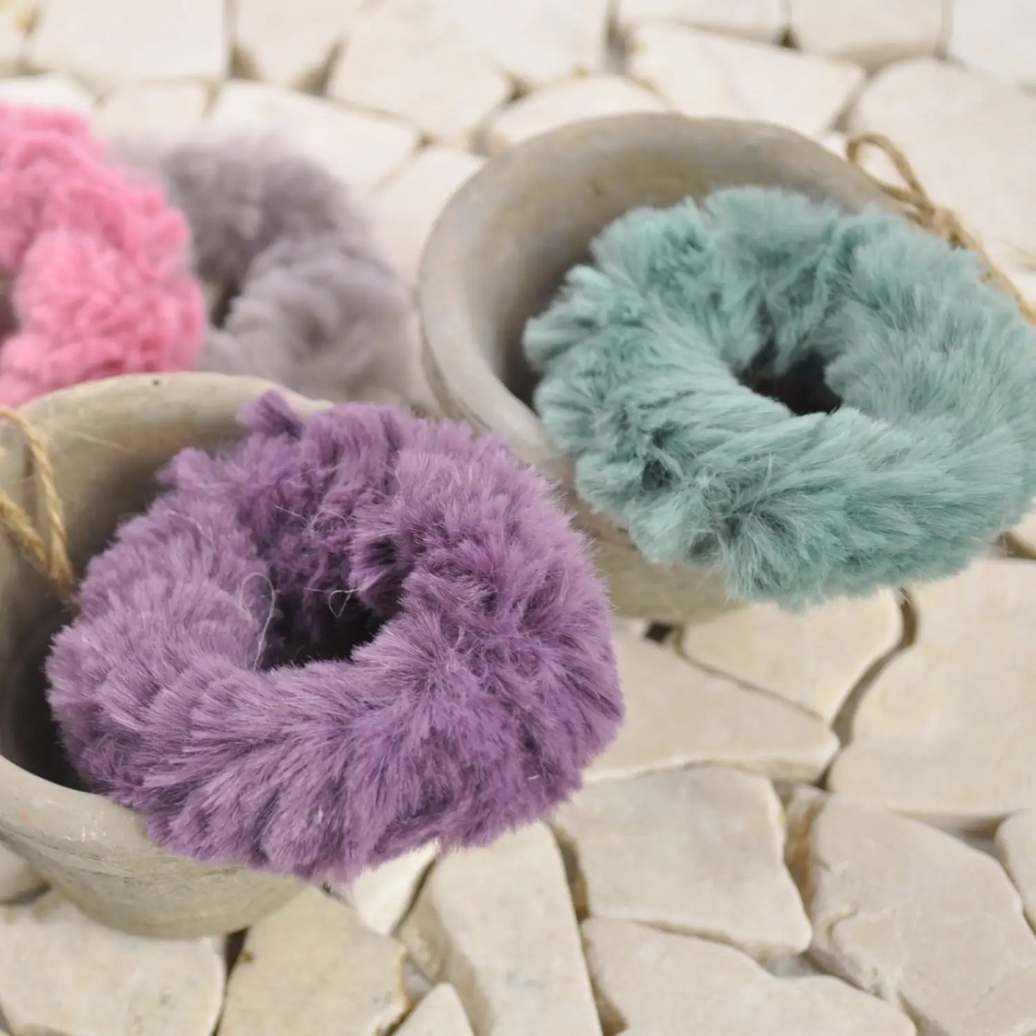 Mini Soft Faux Fur Scrunchie with Yarn-Wrapped Pots