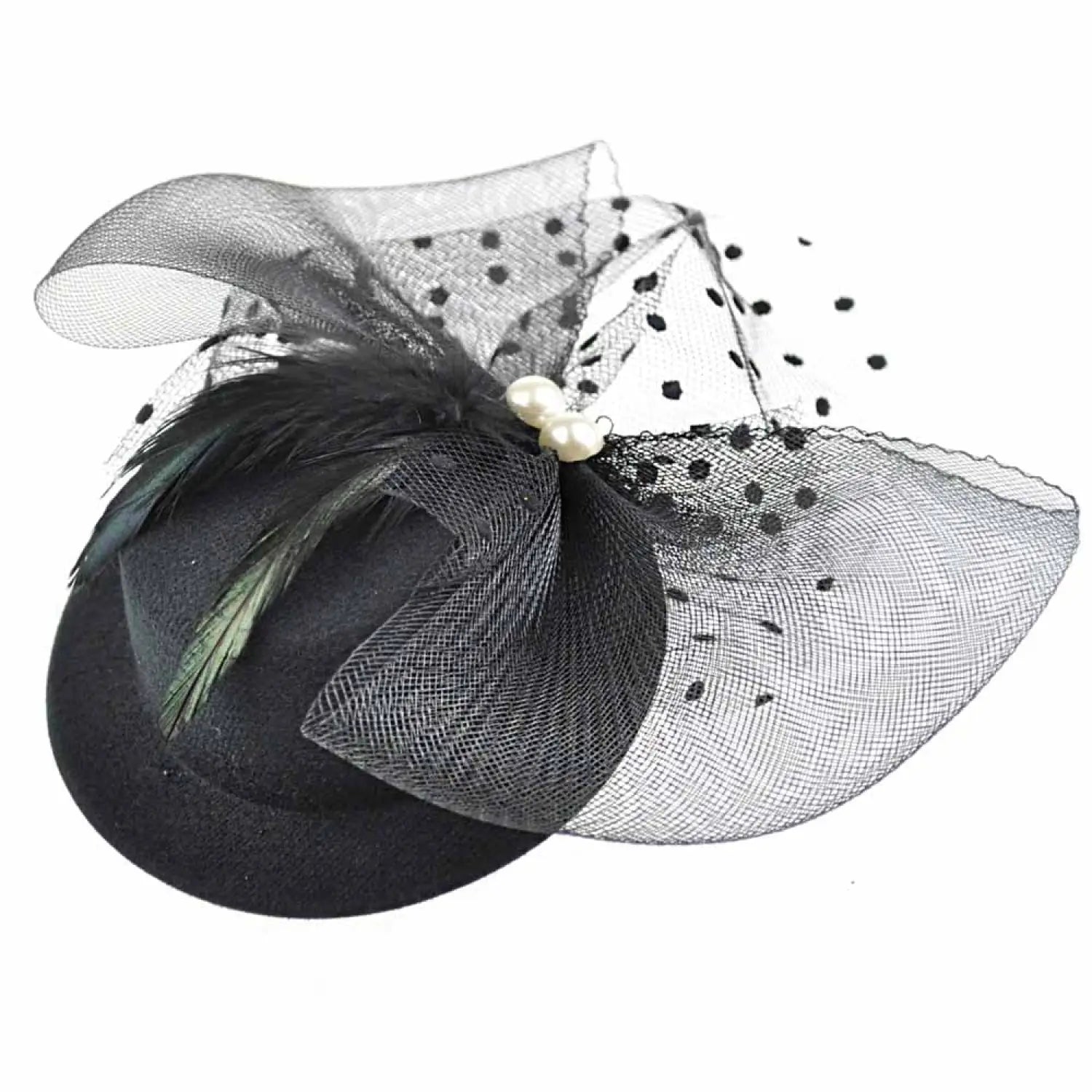 Black hat with white flower and feathers, Mini Top Hat Mesh & Pearl Fashion Fascinator.