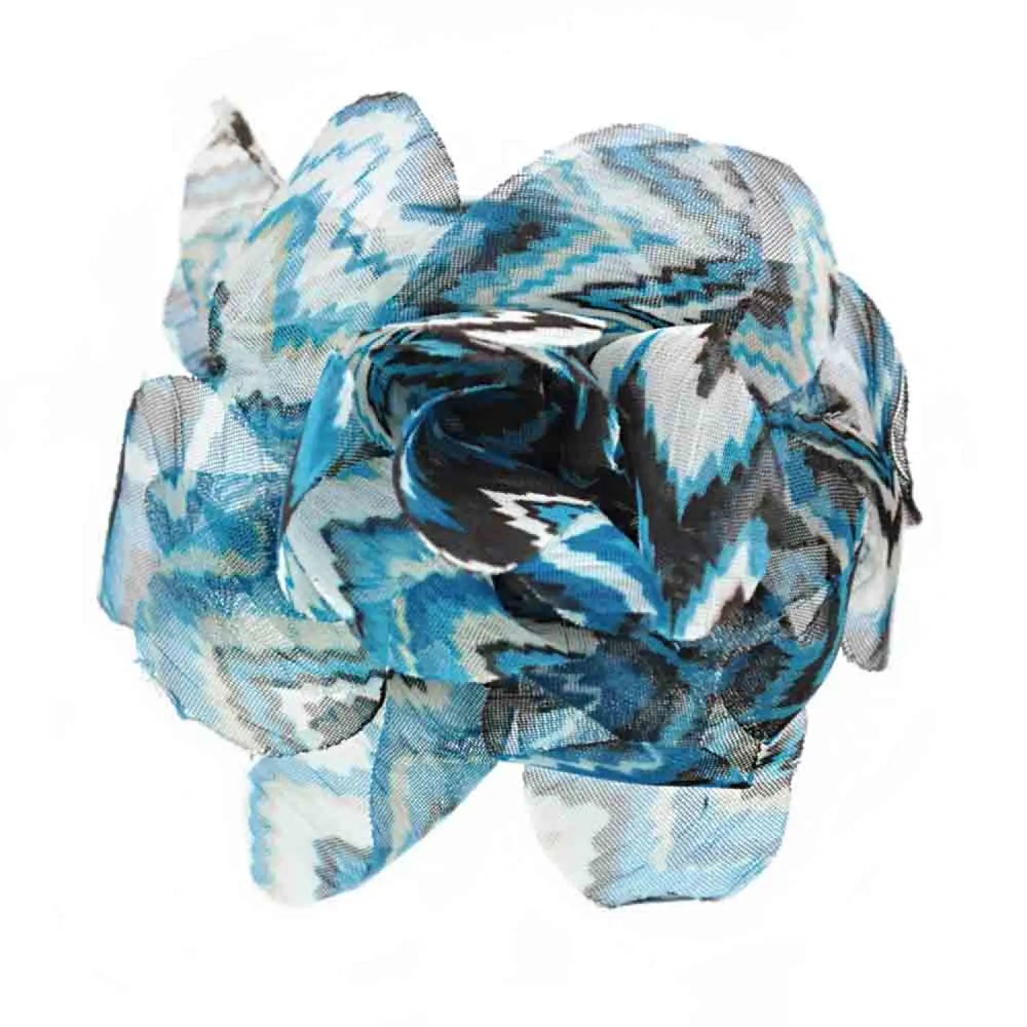 Blue and white Missoni print flower hair clip on white background