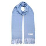 Light blue Mongolian wool scarf with fringed ends and a label, 190 x 32 cm