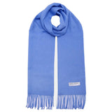 Light blue Mongolian wool scarf with fringed ends and a small label, 190 x 32 cm