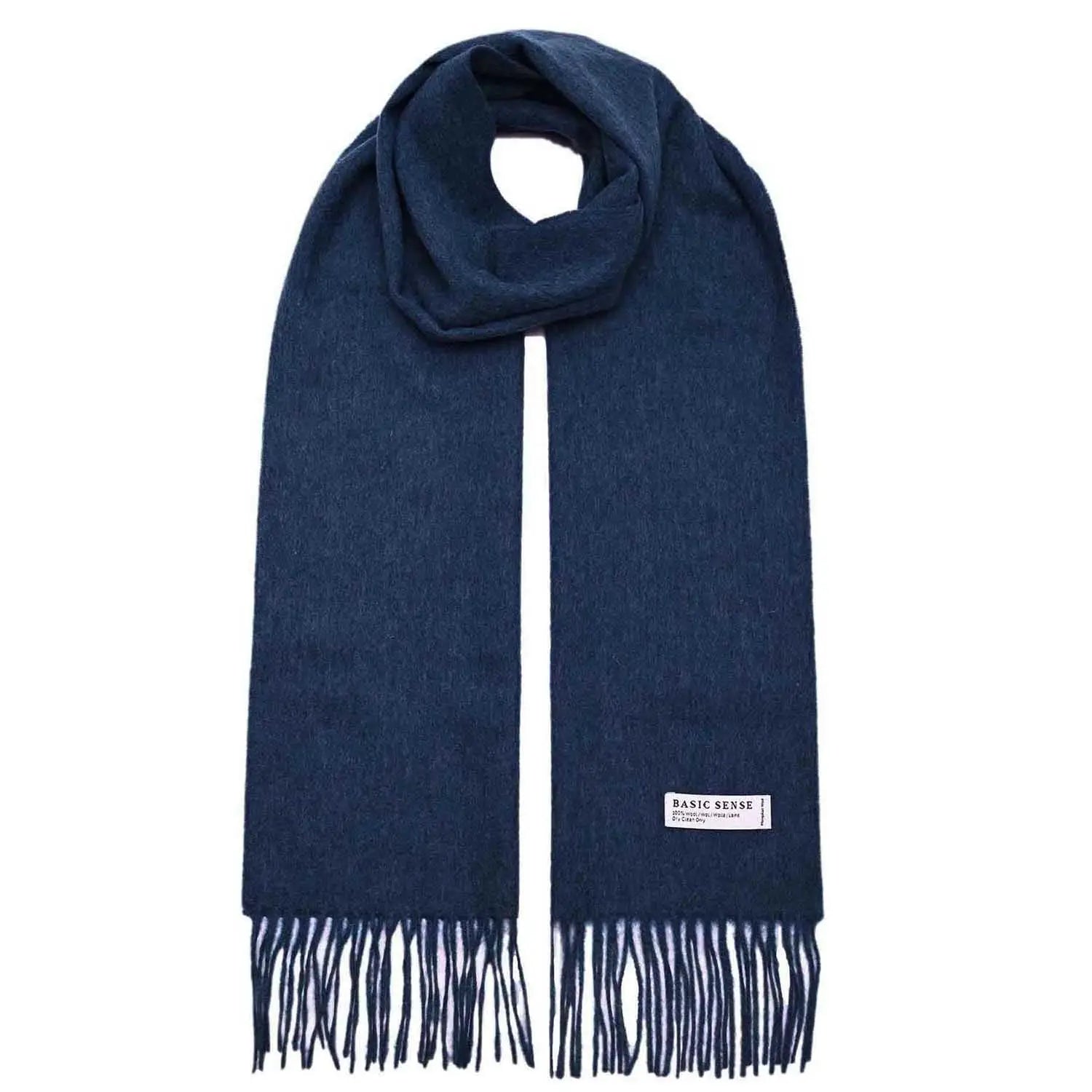 Navy blue Mongolian wool scarf with fringed ends and a white label, soft and warm