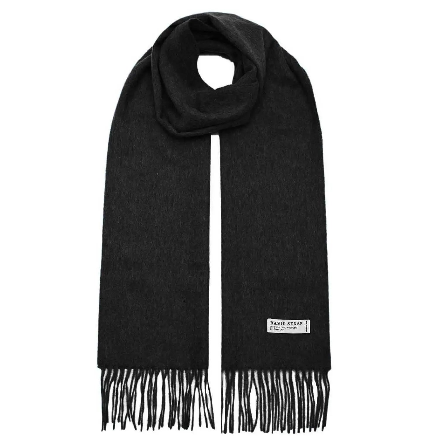 Black Mongolian wool scarf with fringed ends and a label, 190 x 32 cm