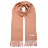 Peach-colored Mongolian wool scarf with fringed ends and label, 190 x 32 cm