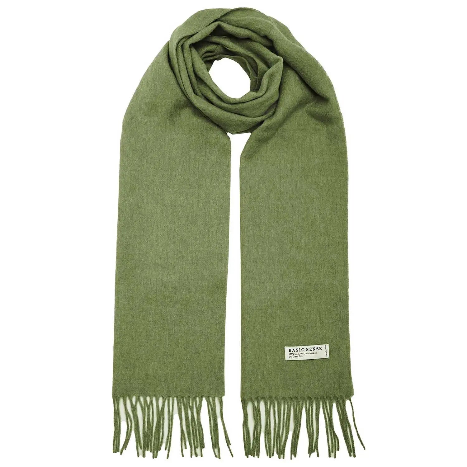 Olive green Mongolian wool scarf with fringed ends and label, warm and soft