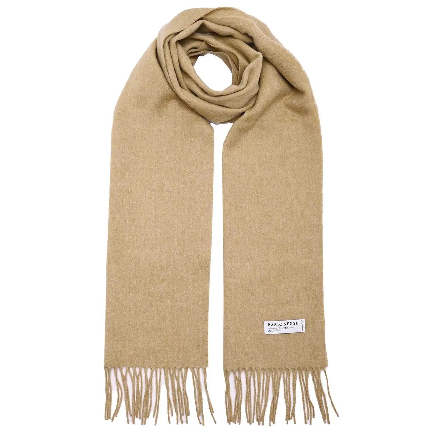 Beige Mongolian wool scarf with fringed ends and label, 190 x 32 cm size