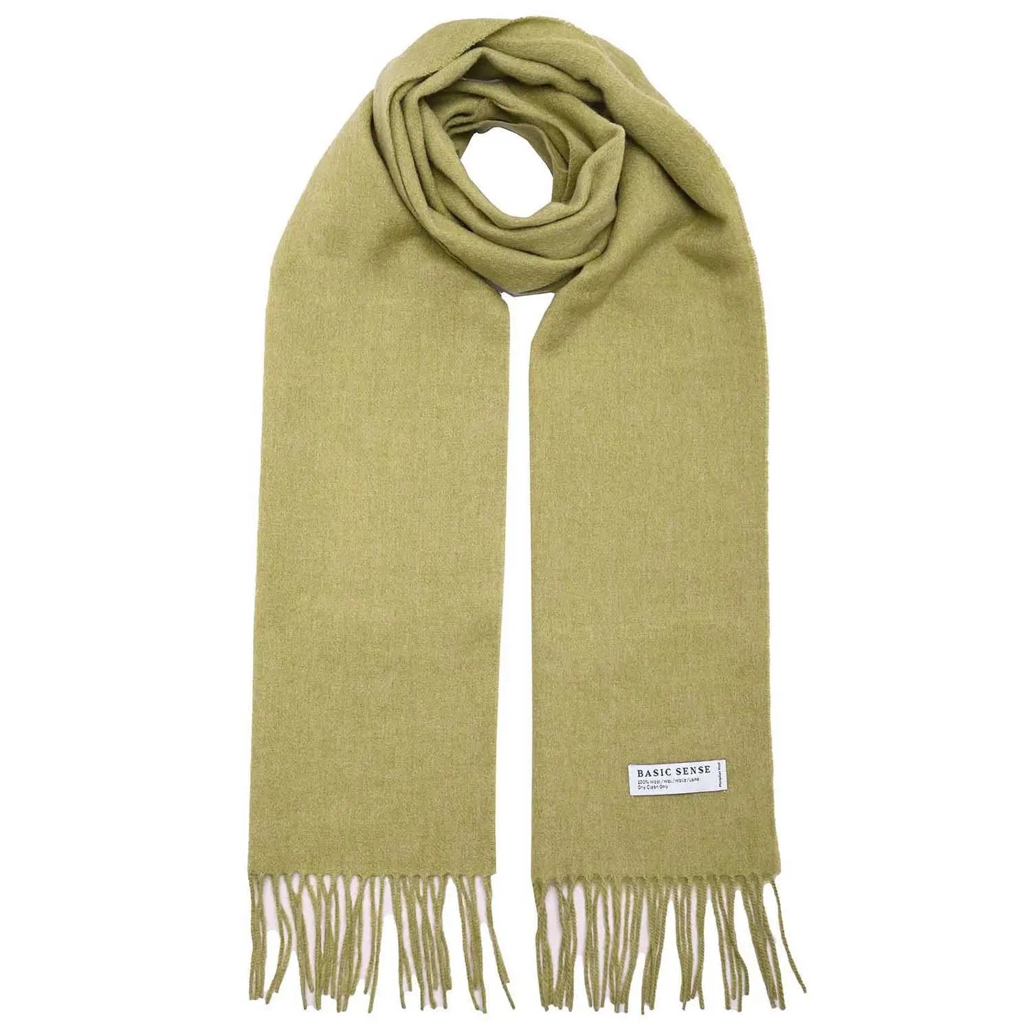 Light green Mongolian wool scarf with fringed ends and soft texture, unisex design