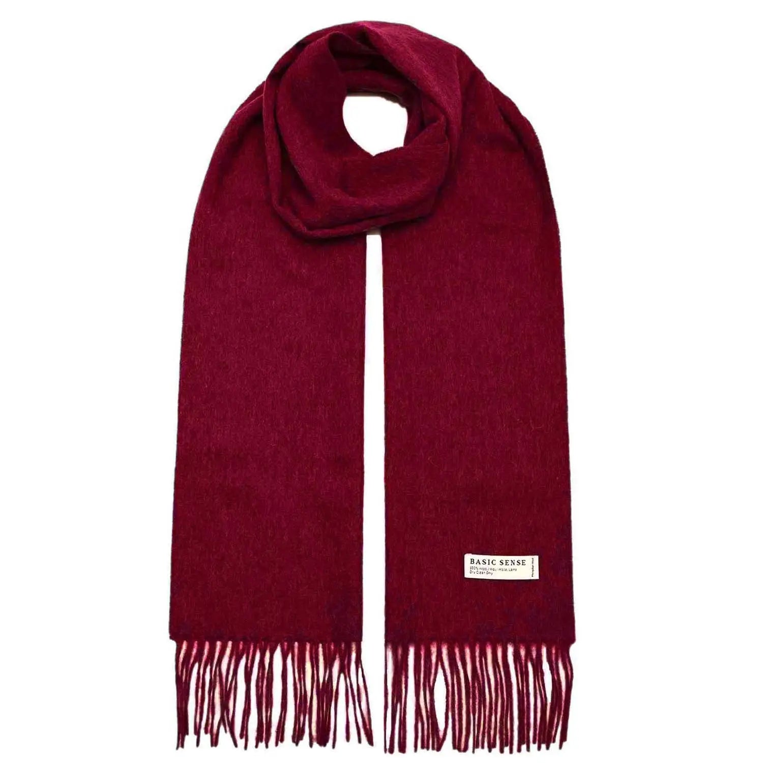 Deep red Mongolian wool scarf with fringed ends and small label, warm and soft