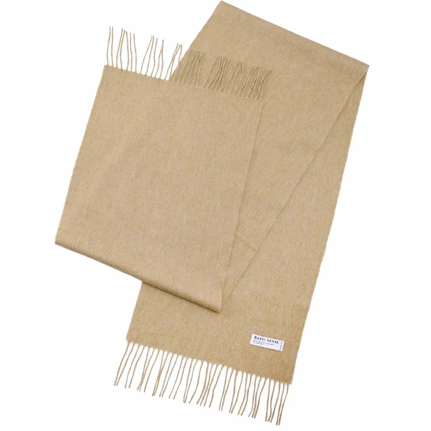 Beige Mongolian wool scarf with fringed ends, warm and soft for unisex wear